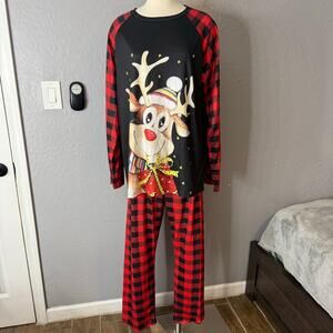 Christmas Red and Black Plaid Reindeer Pajama Set, XL